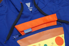 Load image into Gallery viewer, Close up of Pizza Pocket Hoodie triangular pocket, 8-inch zipper, and pouch.