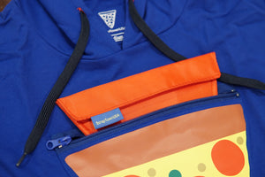 Close up of Pizza Pocket Hoodie triangular pocket, 8-inch zipper, and pouch.
